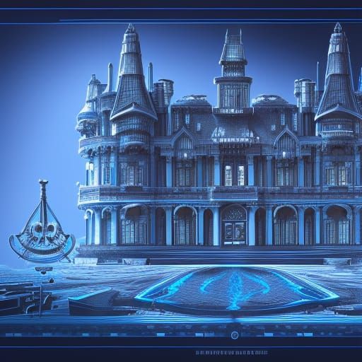 Futuristic Castle Blueprint with Robotic Operation