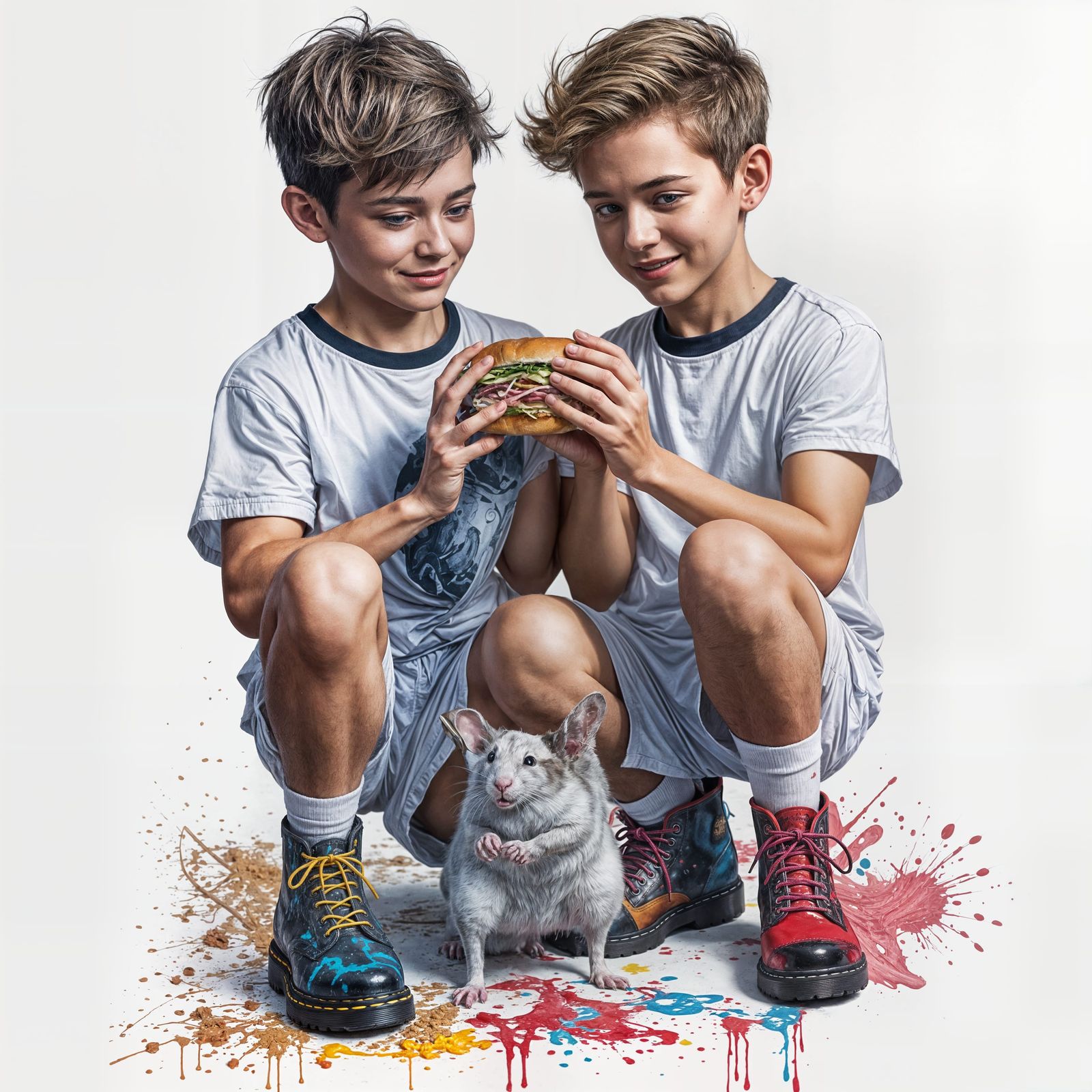 Handsome Friends Share a Sandwich in a Vibrant Warhol-Polloc...