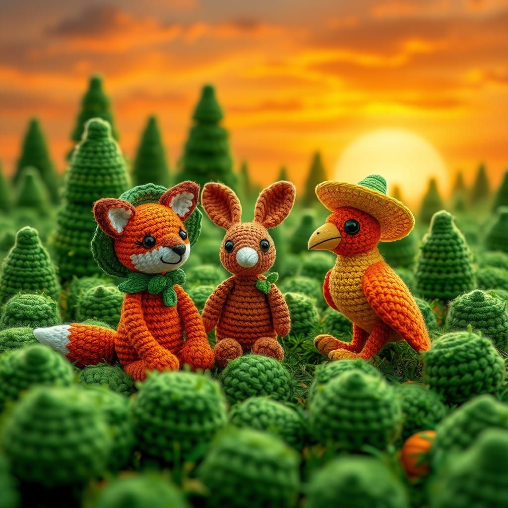 Crochet Fox, Rabbit, and Falcon in Sunset