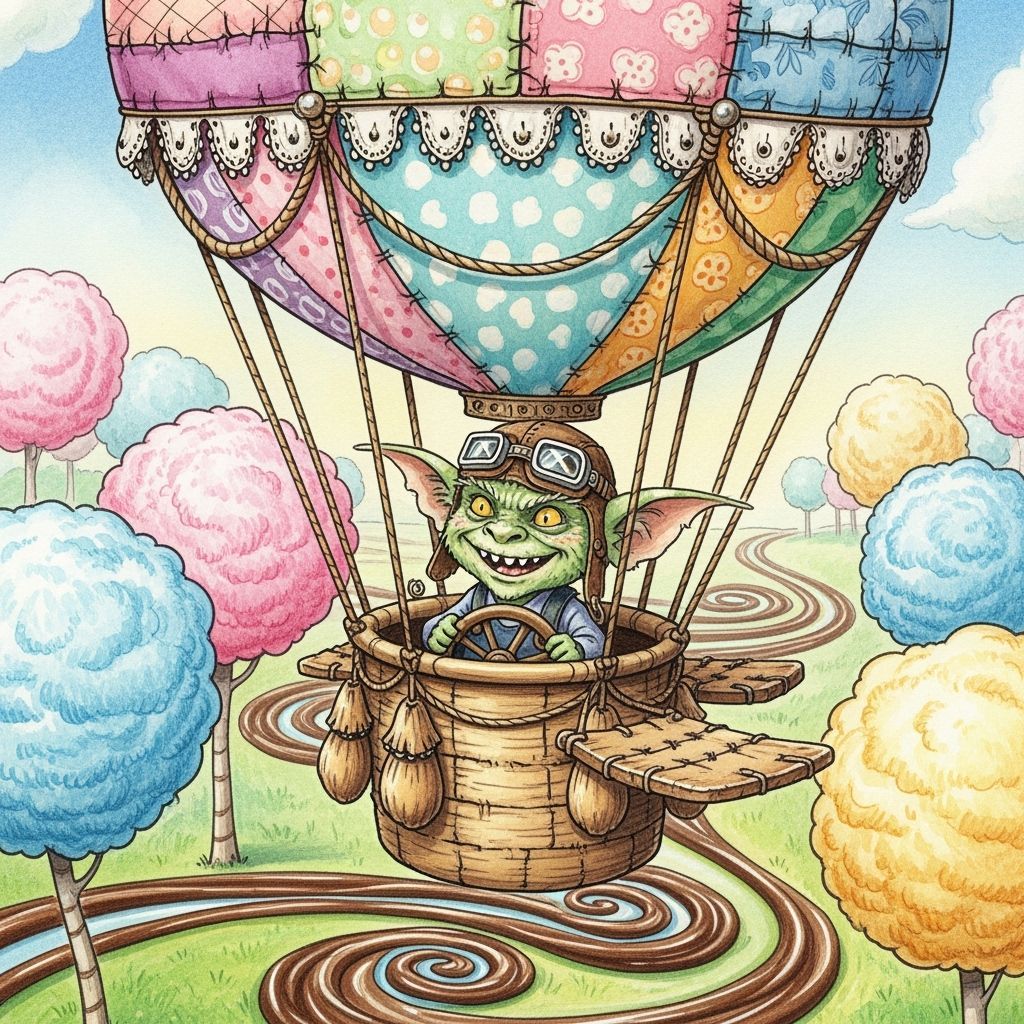 Gremlin in Hot Air Balloon Over Candy Landscape
