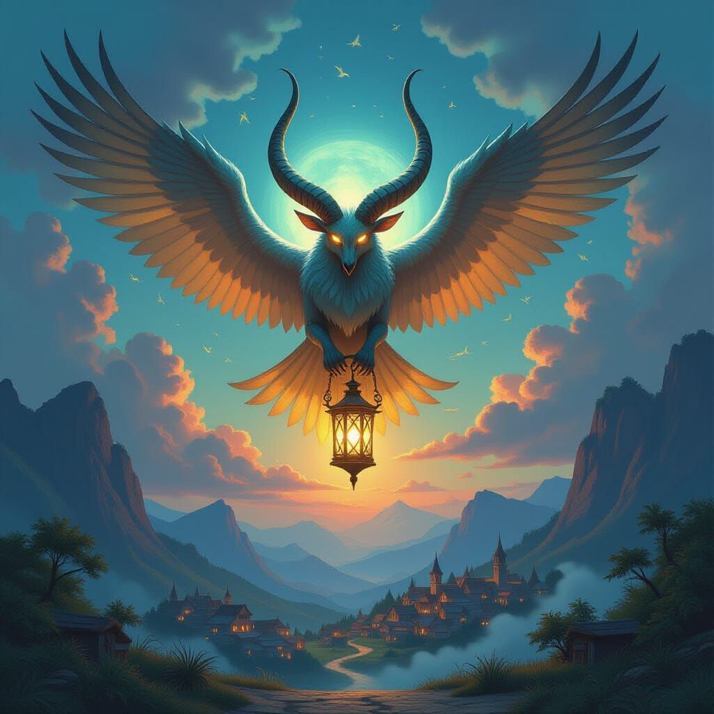 Majestic Sky Beast Descends with Lantern of Hope