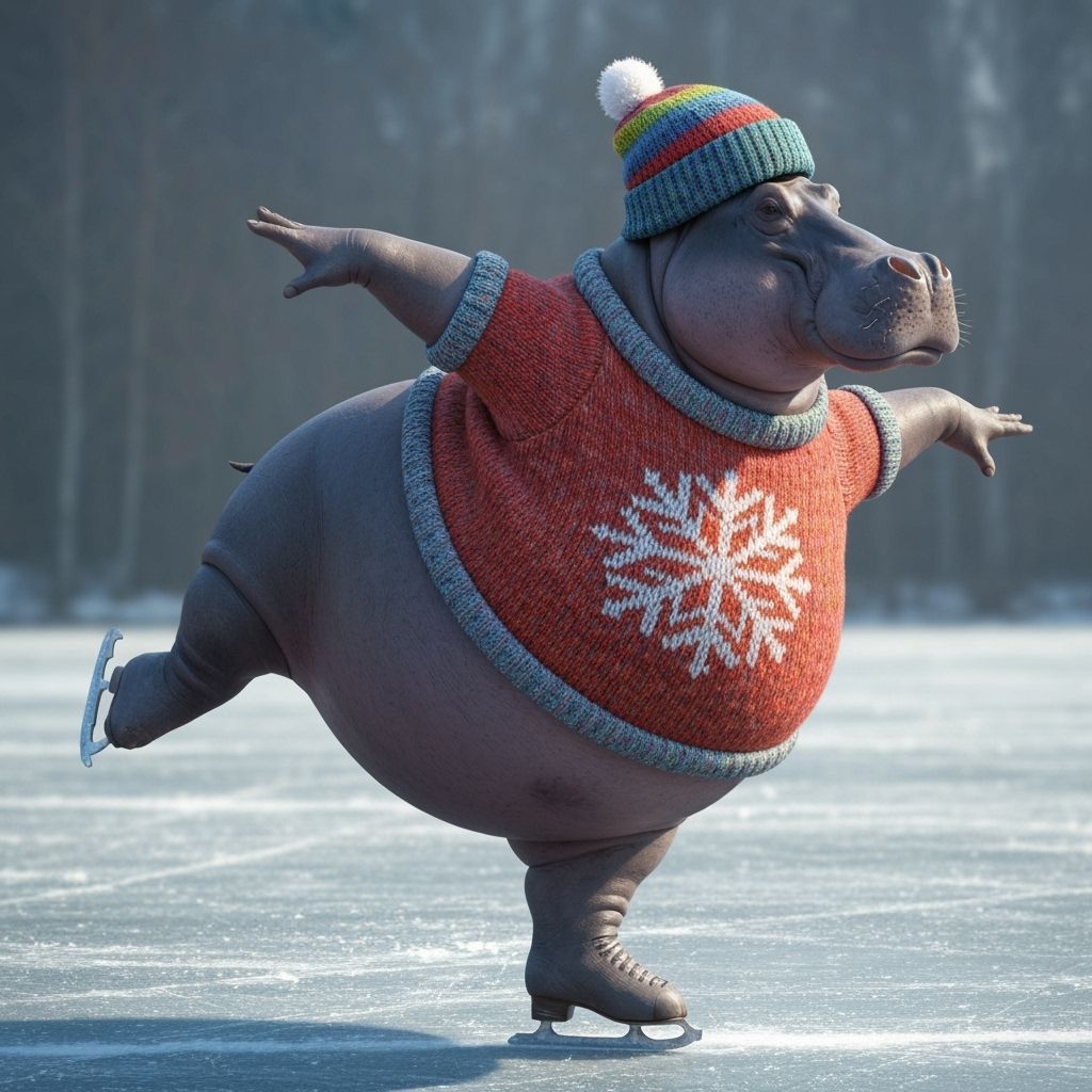 Graceful Hippo Ice Skating in Winter Knitwear