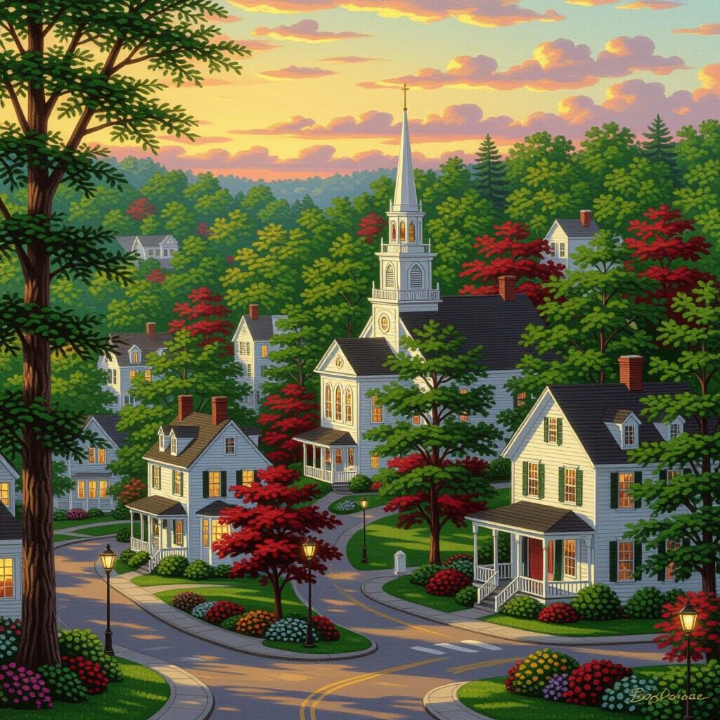 Quaint New England Town in Luminist Style