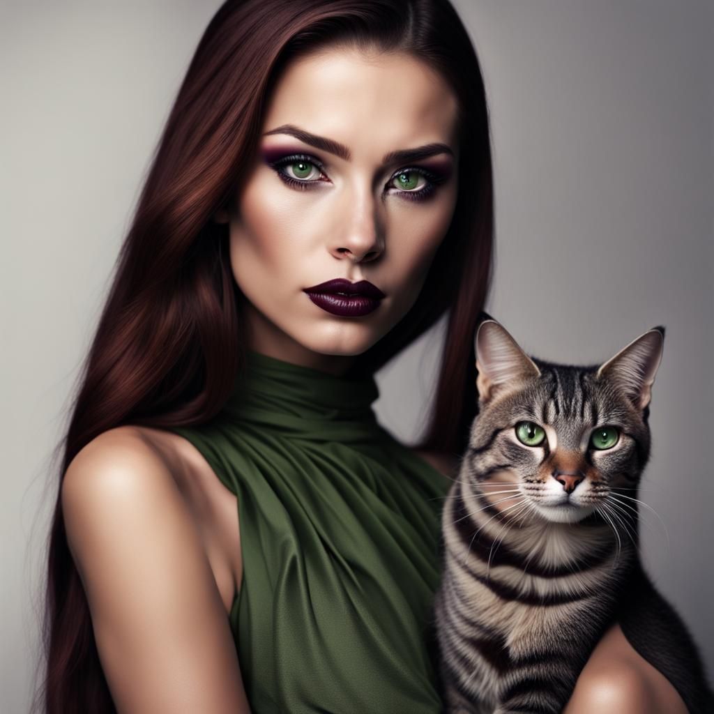 Mystical Woman Merged with Cat Familiar: Hyperrealistic Port...