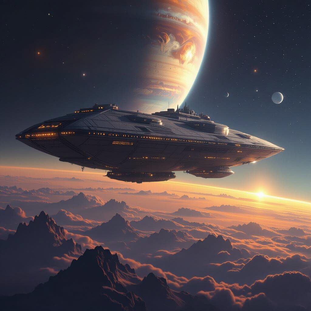 Colossal Generation Spaceship Drifts Past Gas Planet