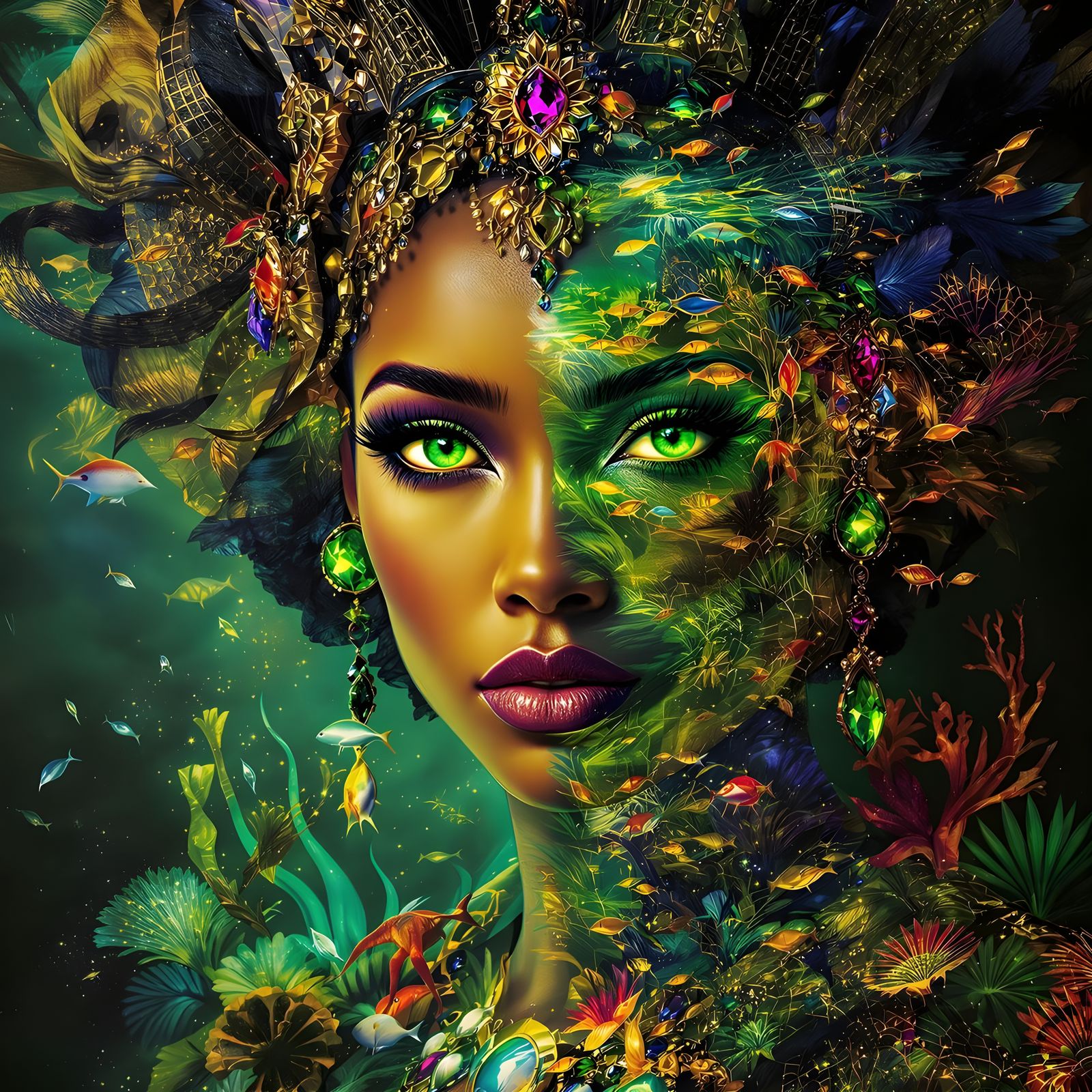 African Queen: Emerald Eyes in Underwater Double Exposure