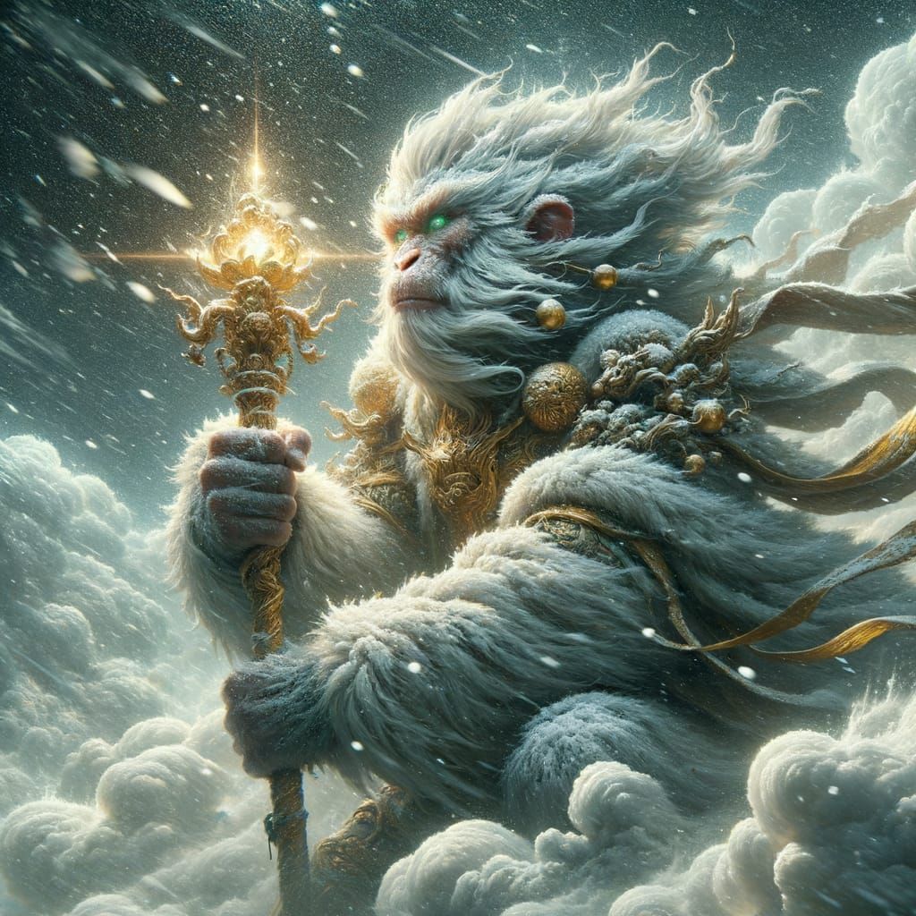 Monkey King in Snowstorm with Golden Staff