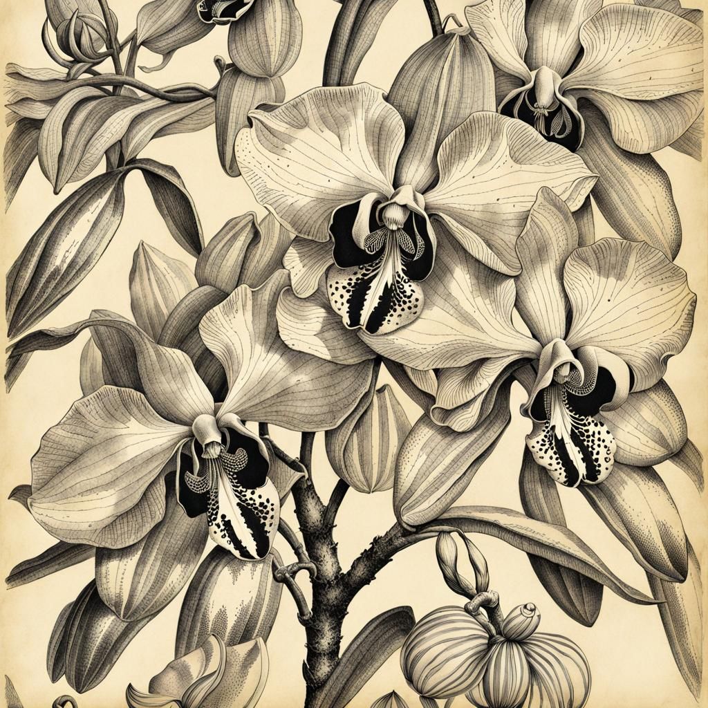 Orchid Ink Illustration in Baroque Style
