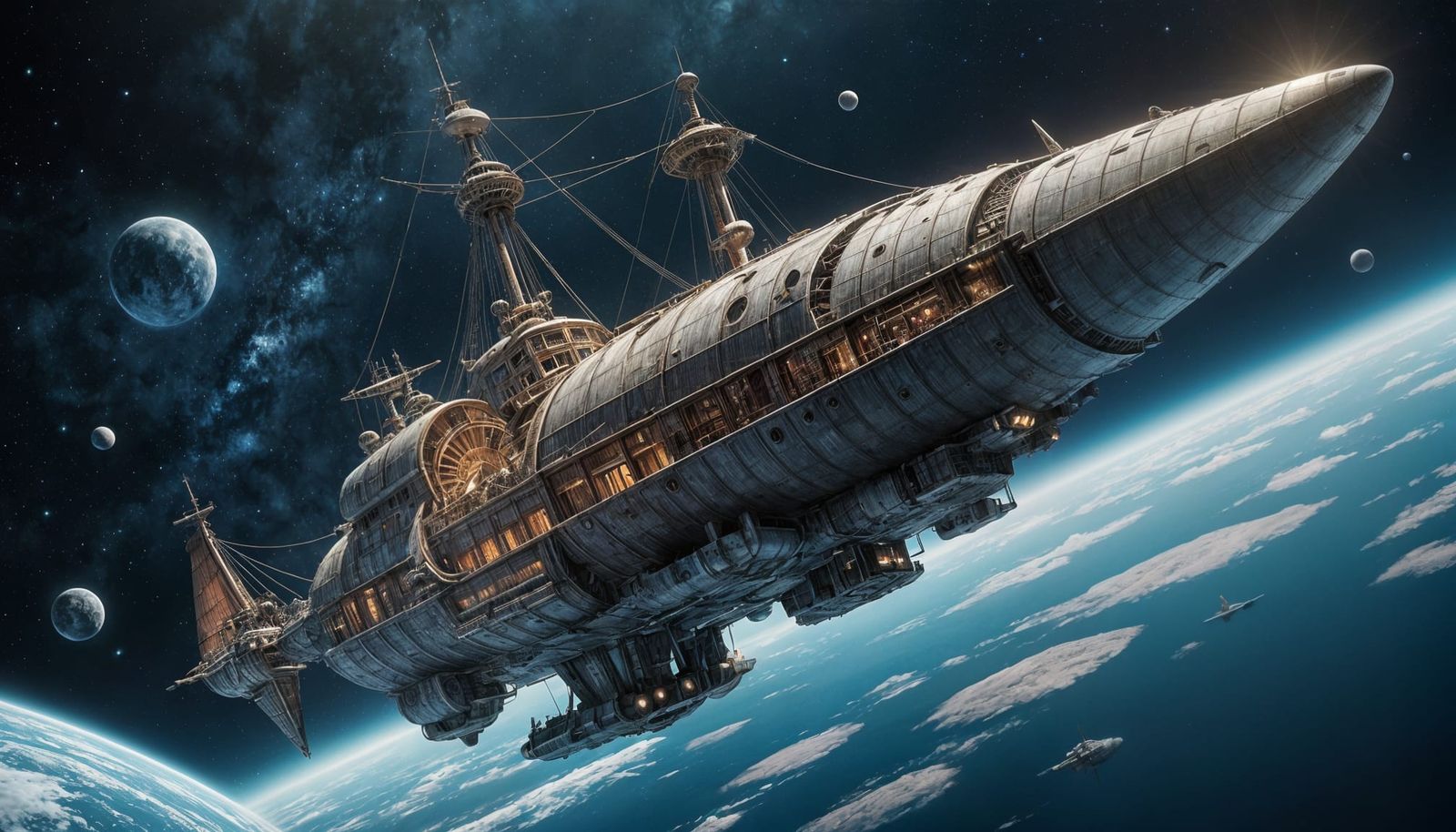 Space Caravel Sailing in Retro-Futuristic Style