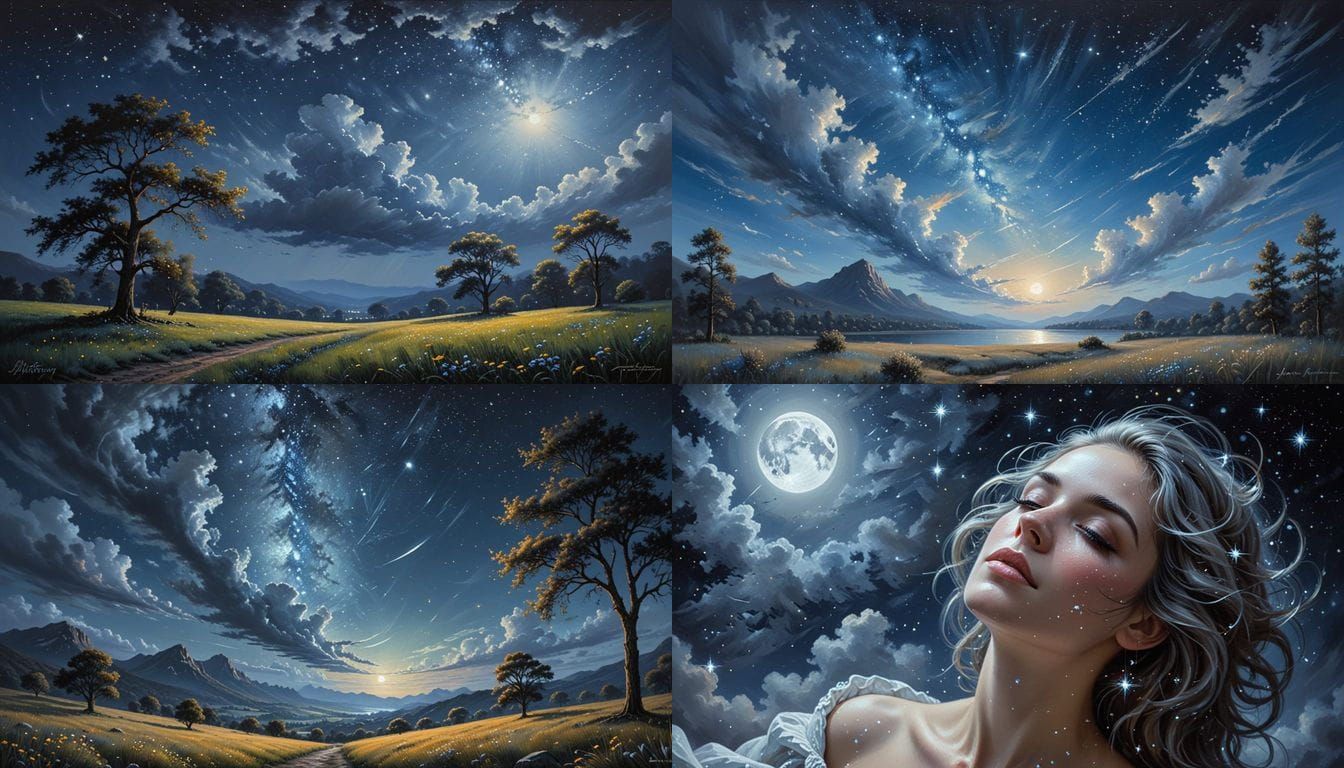 Romantic Night Sky Oil Painting with Glowing Stars