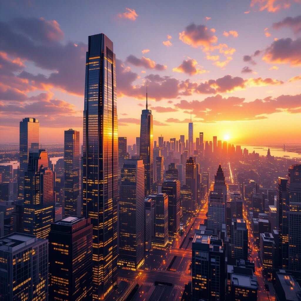 Vibrant Cityscape at Sunset in Photorealistic Style