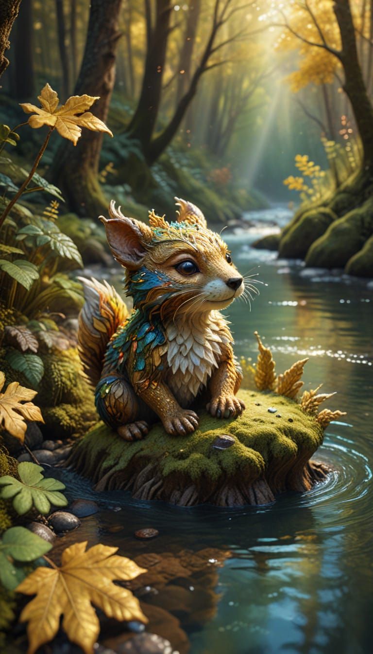 Whimsical Forest Creature Shines in Dazzling Gold Light