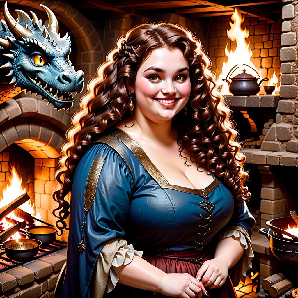Medieval Woman Cooks Dragon in Castle Fireplace