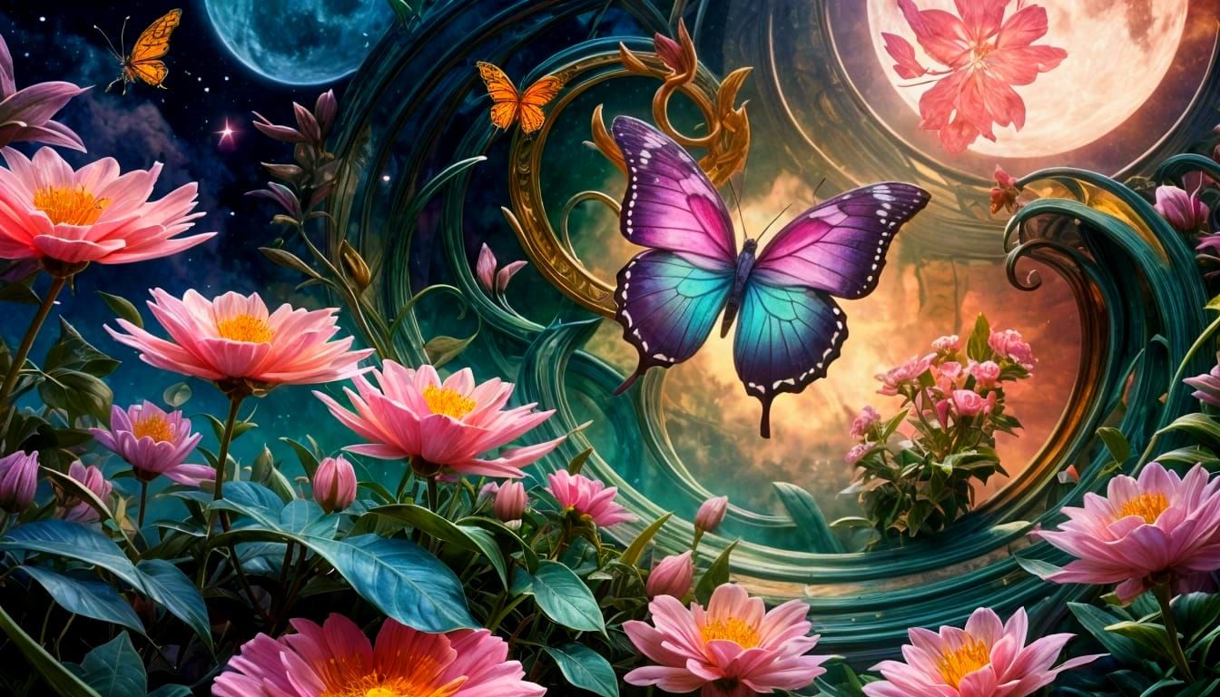 Surreal Butterfly in a Vibrant Moonlit Jungle