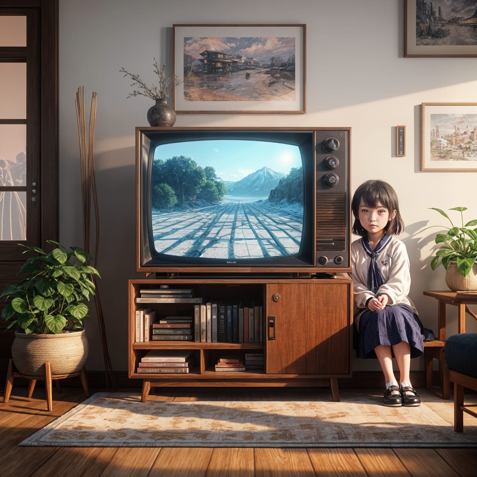 Japanese Anime Girl Embraces Real Life Boy in Cozy Living Ro...