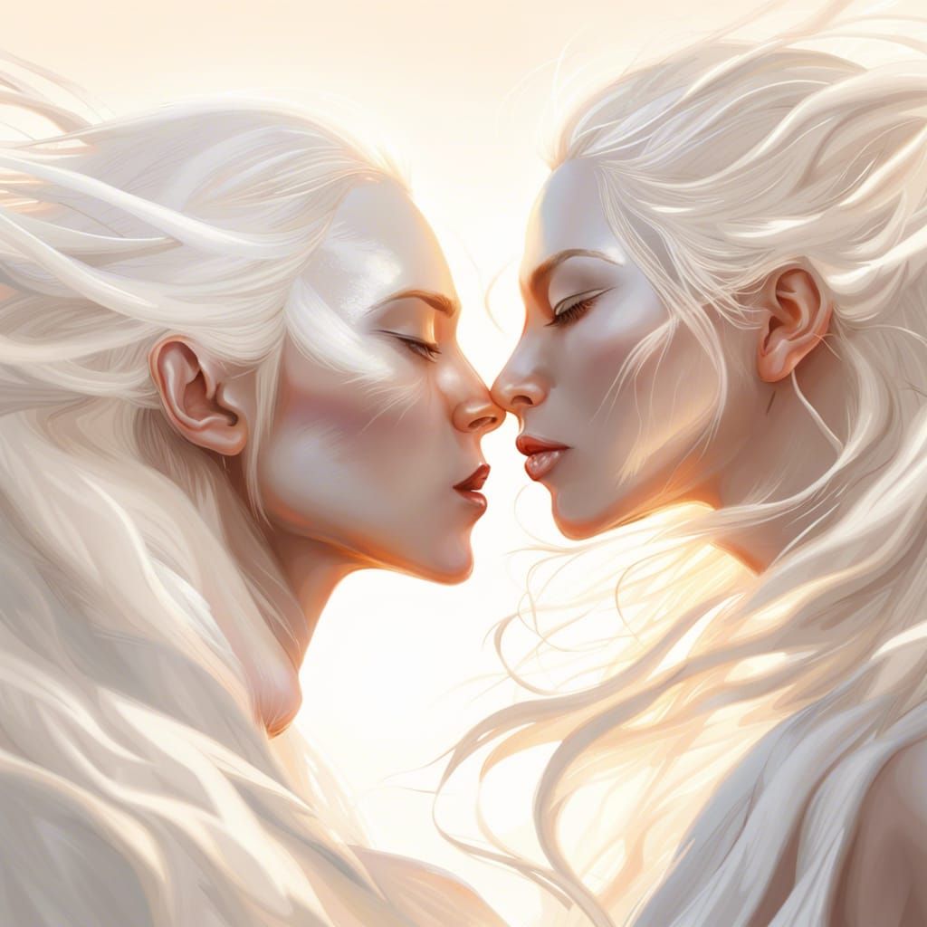 Albino Women Kissing in White Desert, Digital Painting