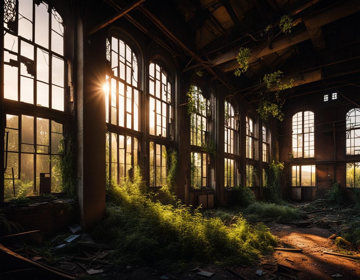 Abandoned Victorian Factory Interior at Magic Hour
