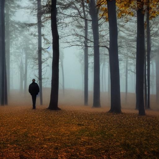 Solitary Figure in Empty Autumn Forest: Cinematic Shot