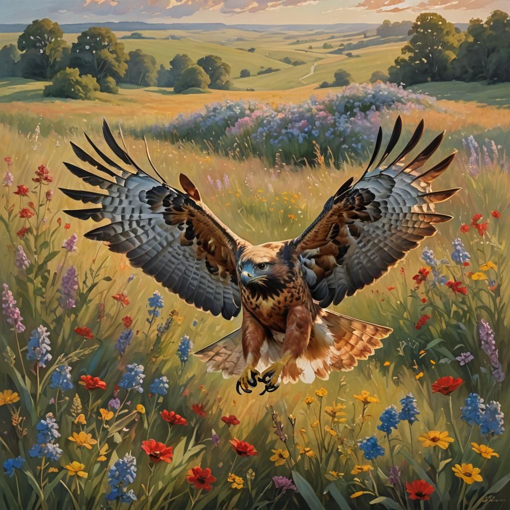 Red-Tailed Hawk Hunting Rabbit, as Impressionist Oil Paintin...
