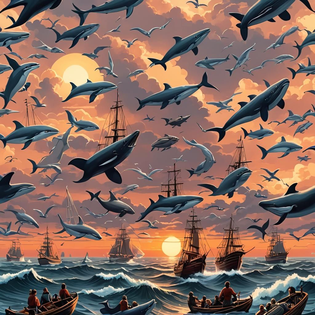 Art Deco Ocean Scene with Mermaids at Sunset