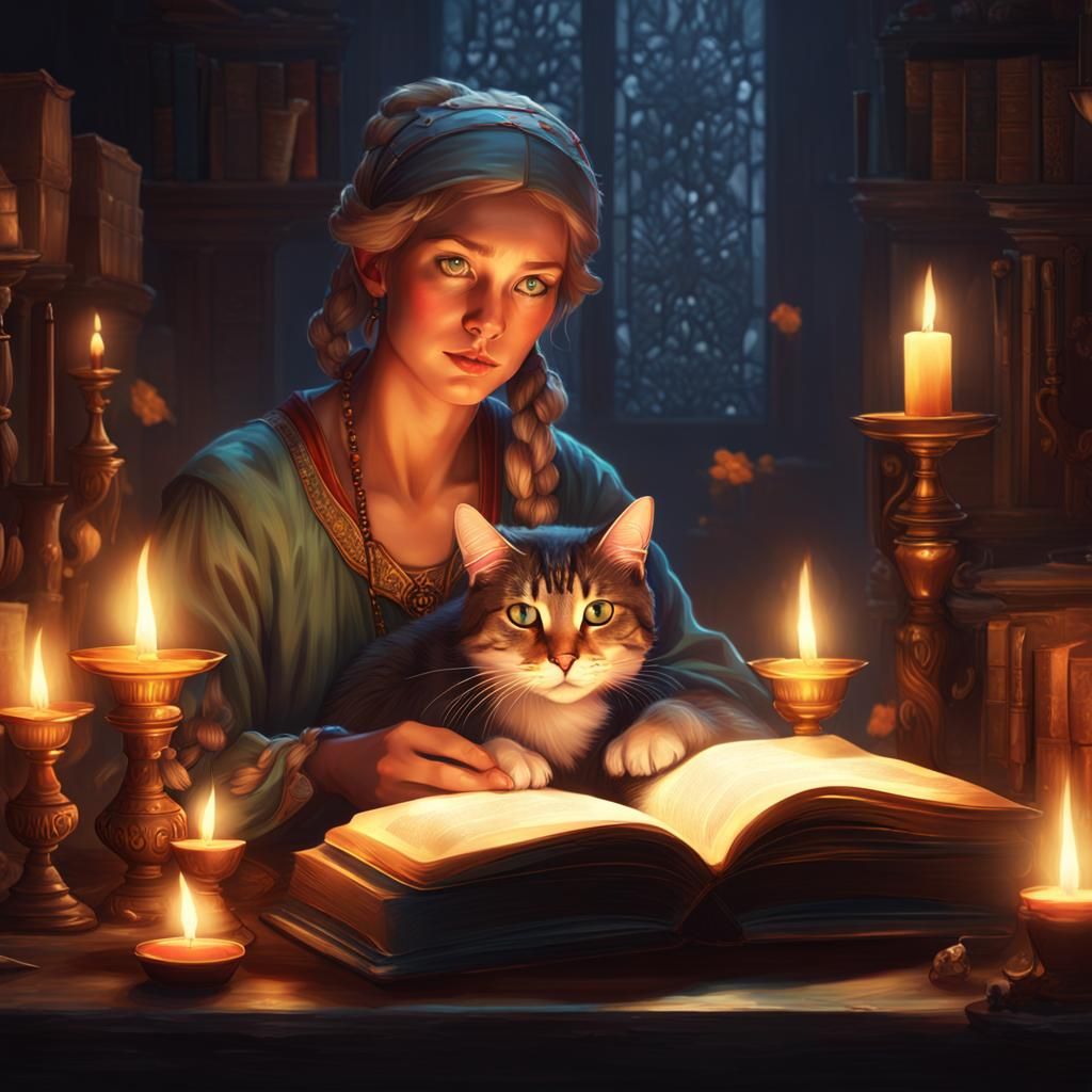 Girls Reading by Candlelight with Cats: Detailed Portrait