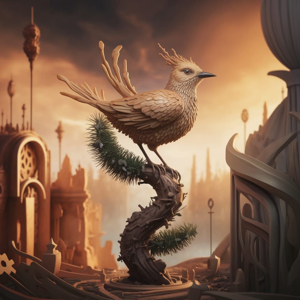 Surreal Cuckoo Bird Perches on Twisted Fir Branch in Dreamli...