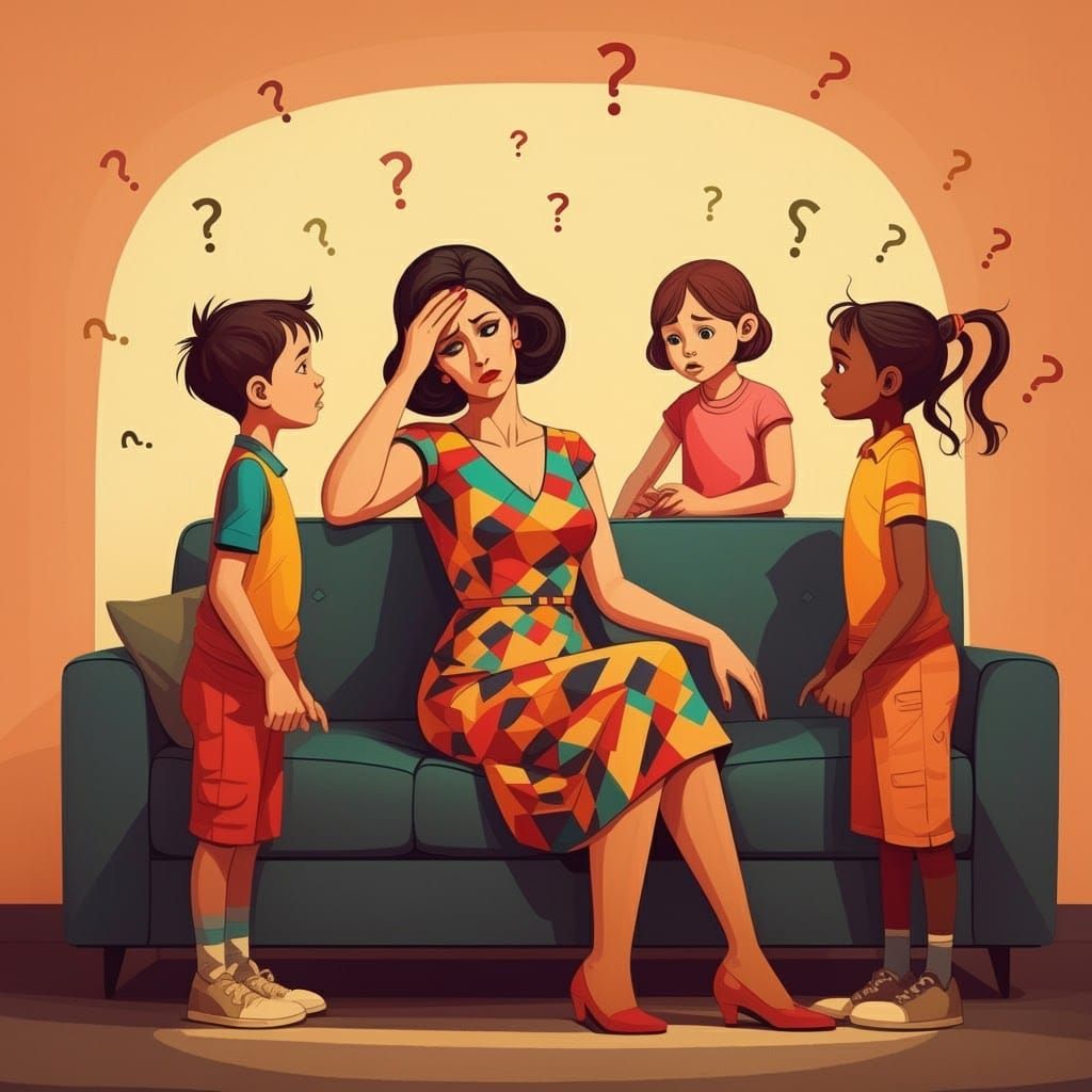 Tired Mom with Kids in Pop Art Style