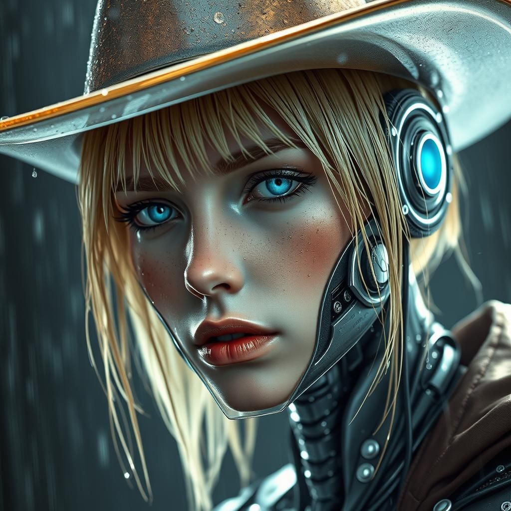 Blond Cyborg In Rain