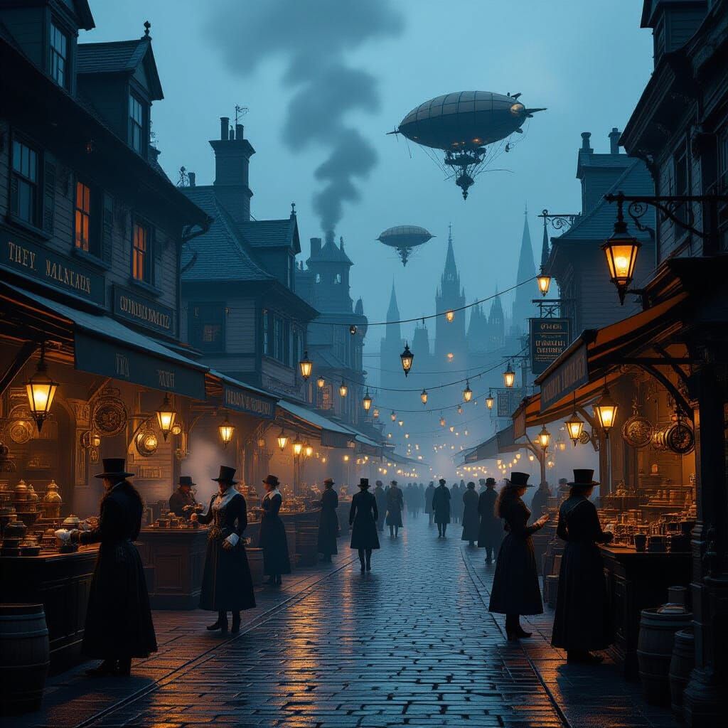 Steampunk Marketplace at Dusk with Automatons