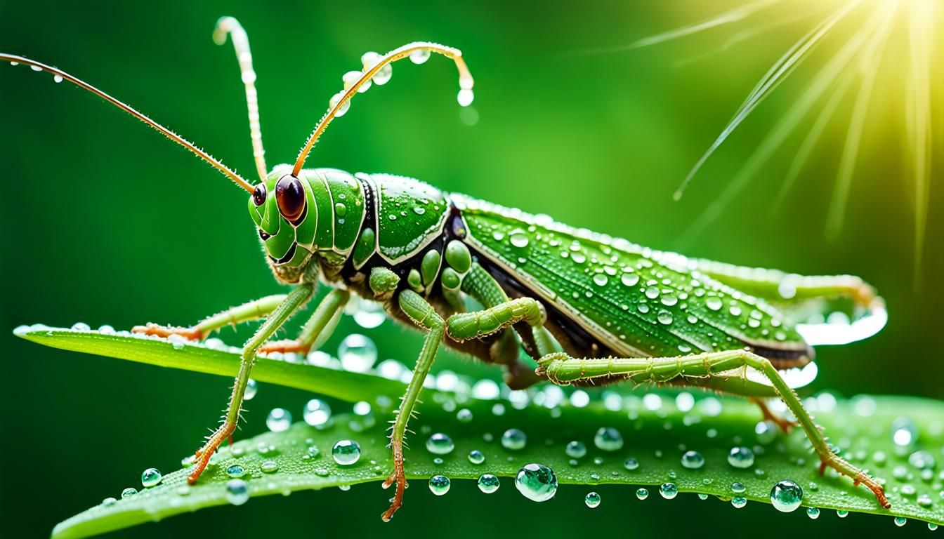 Grasshopper with Dew Drops Macro Photography