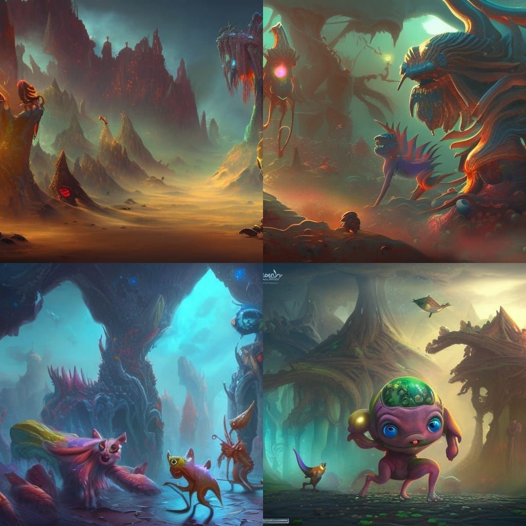 Cartoon Creatures Explore Planet in Fantasy Concept Art