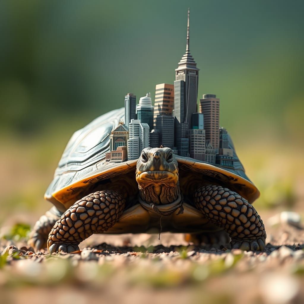 Turtle with City on Shell: Hyperrealistic Macro Photograph