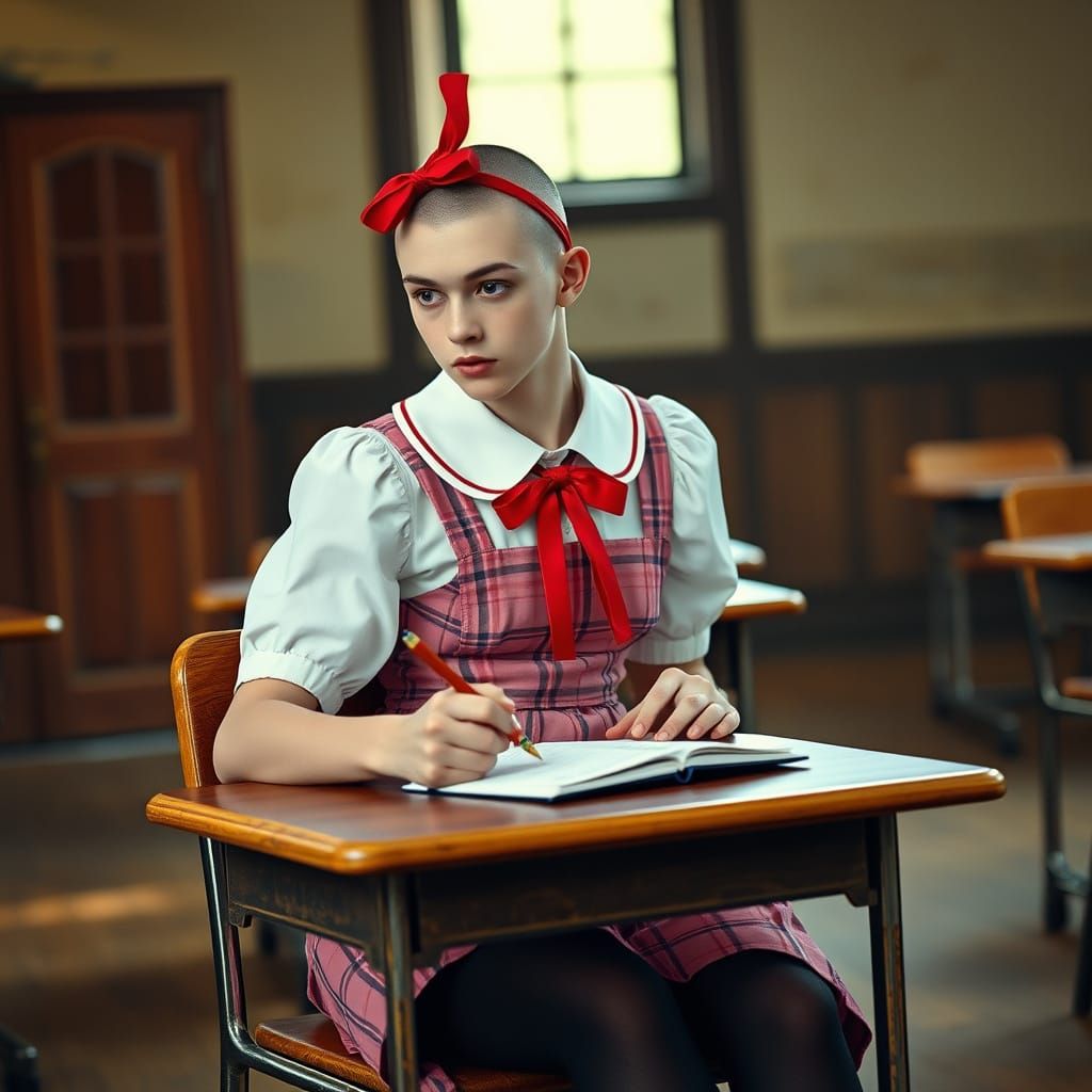 Androgynous Youth in Whimsical Schoolgirl Attire, Blending D...