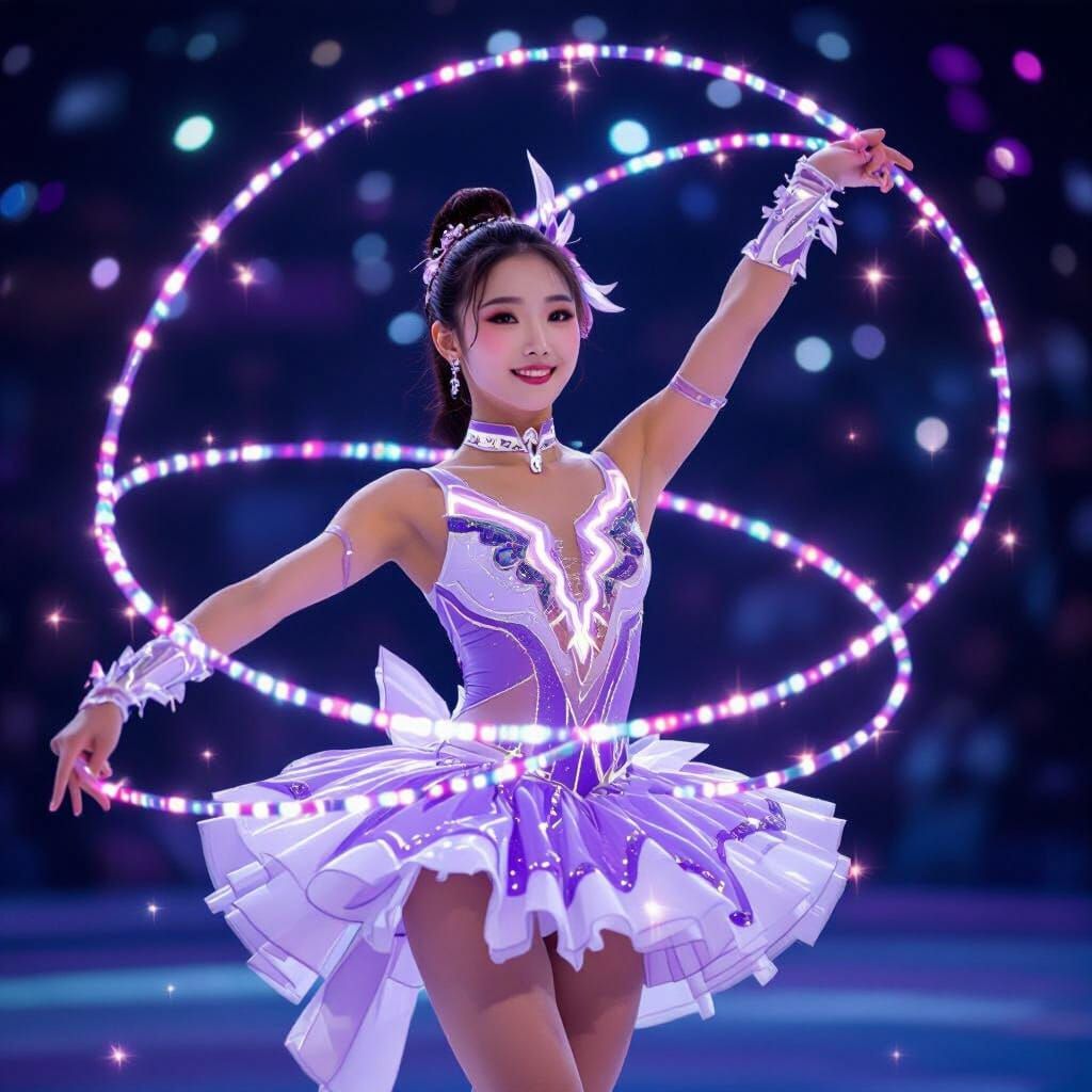 Magical Girl Gymnast Performs Rope Magic with Luminous Light