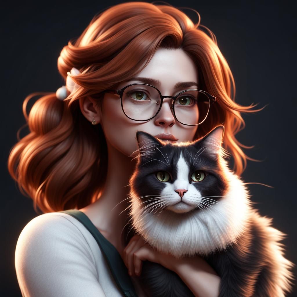 Shy Auburn Girl Holding Calico Cat in 3D