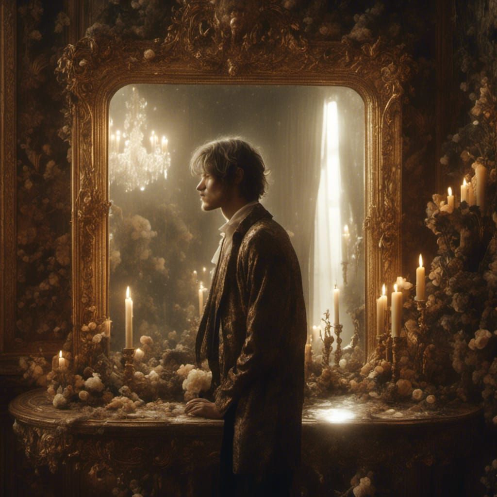 Contemplative Man in Baroque Mirror, Dreamlike Chiaroscuro