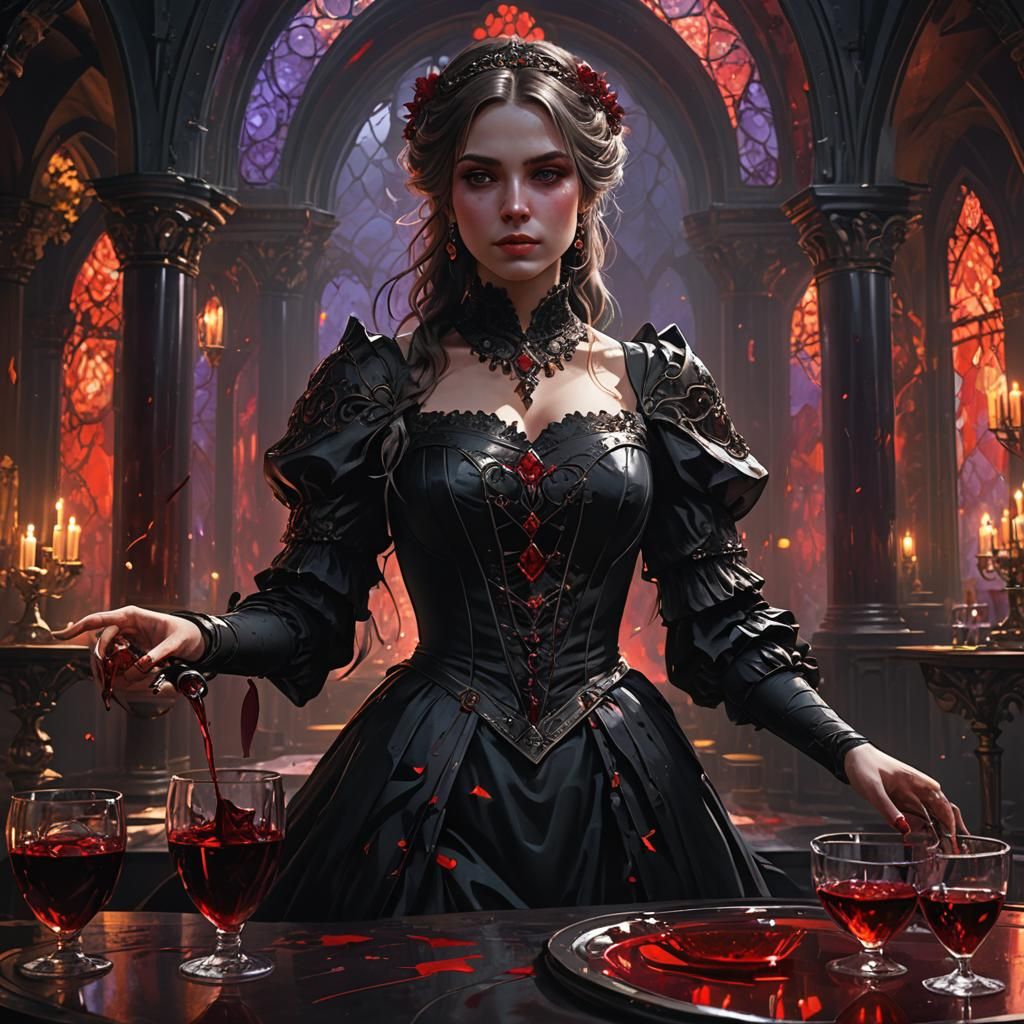Girl in Black Dress with Blood, Dark Fantasy Art