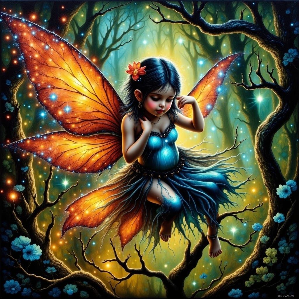 Chubby Fairy with Bioluminescent Wings in Alcohol Ink Style