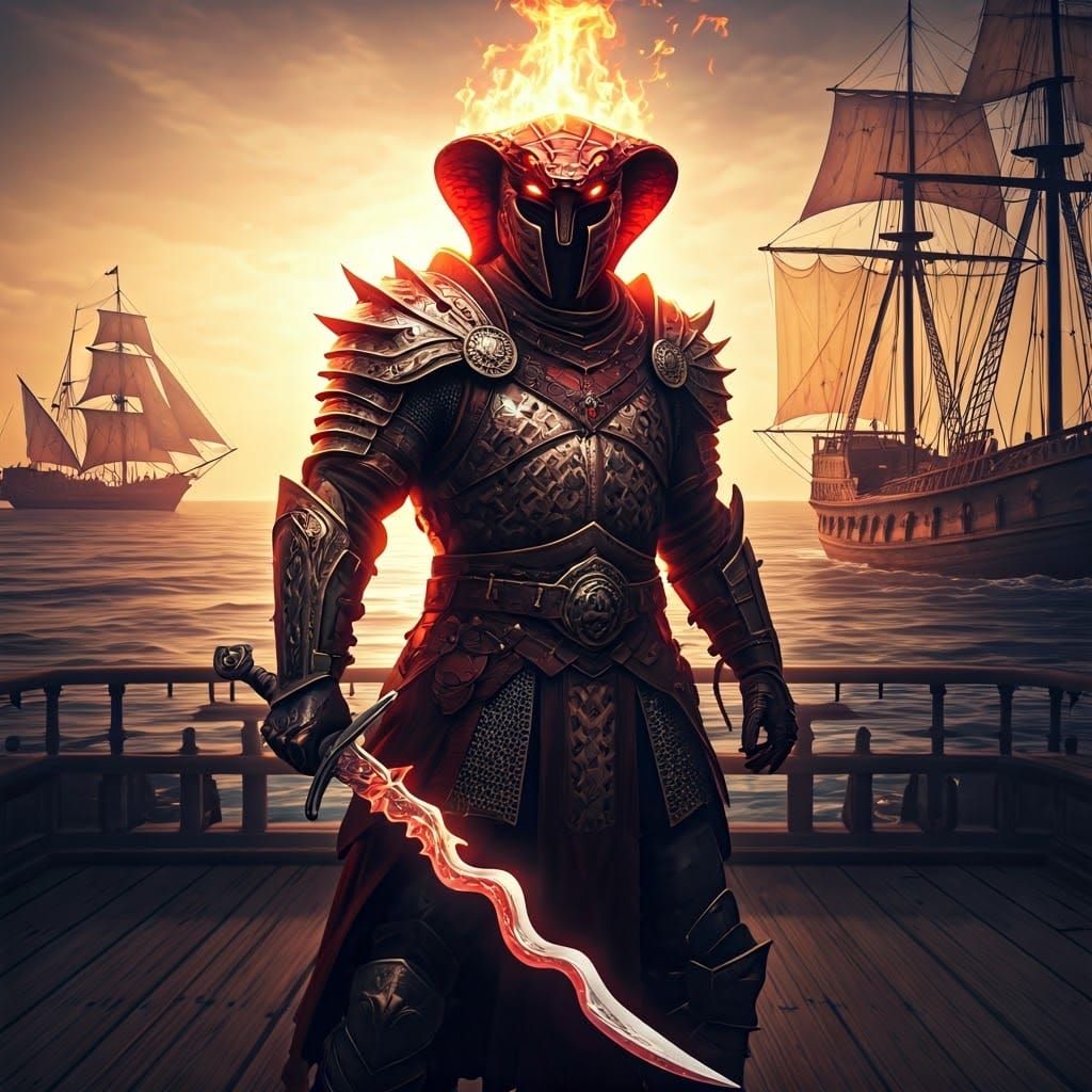 Medieval Warrior Sails on Dark Fantasy Cog in Fiery Red Armo...