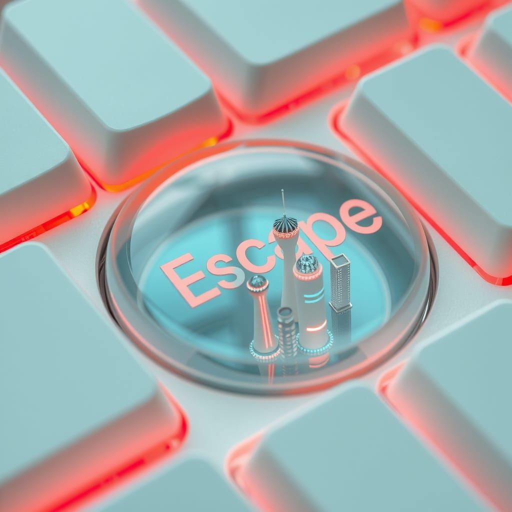 Futuristic Escape Button with Frutiger Aero Cityscape