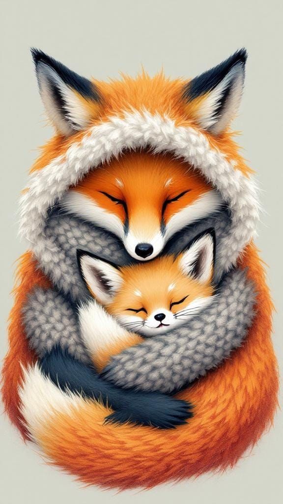 Mother Fox Cradling Baby in Pop Art Style