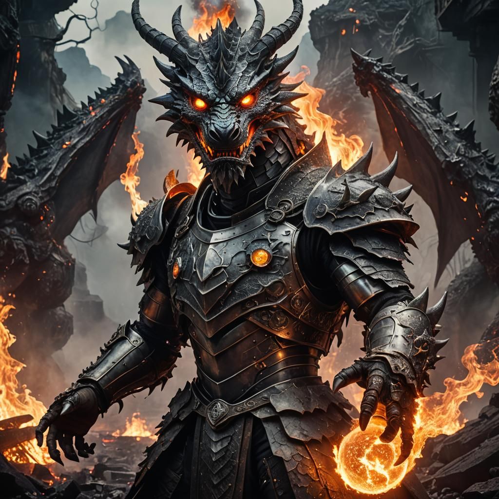 Majestic Dragon King Holds Fire Orb in Apocalyptic World