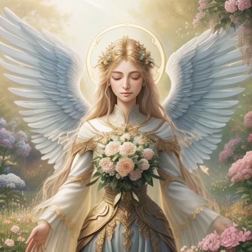 Angel-Human Hybrid in Celestial Garden: Ethereal Oil Paintin...