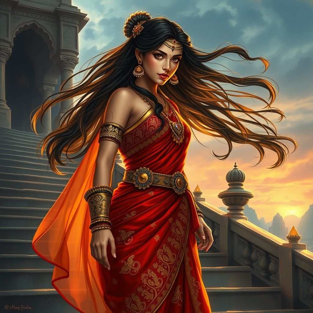 Indian Princess on Palace Steps in Manga Style