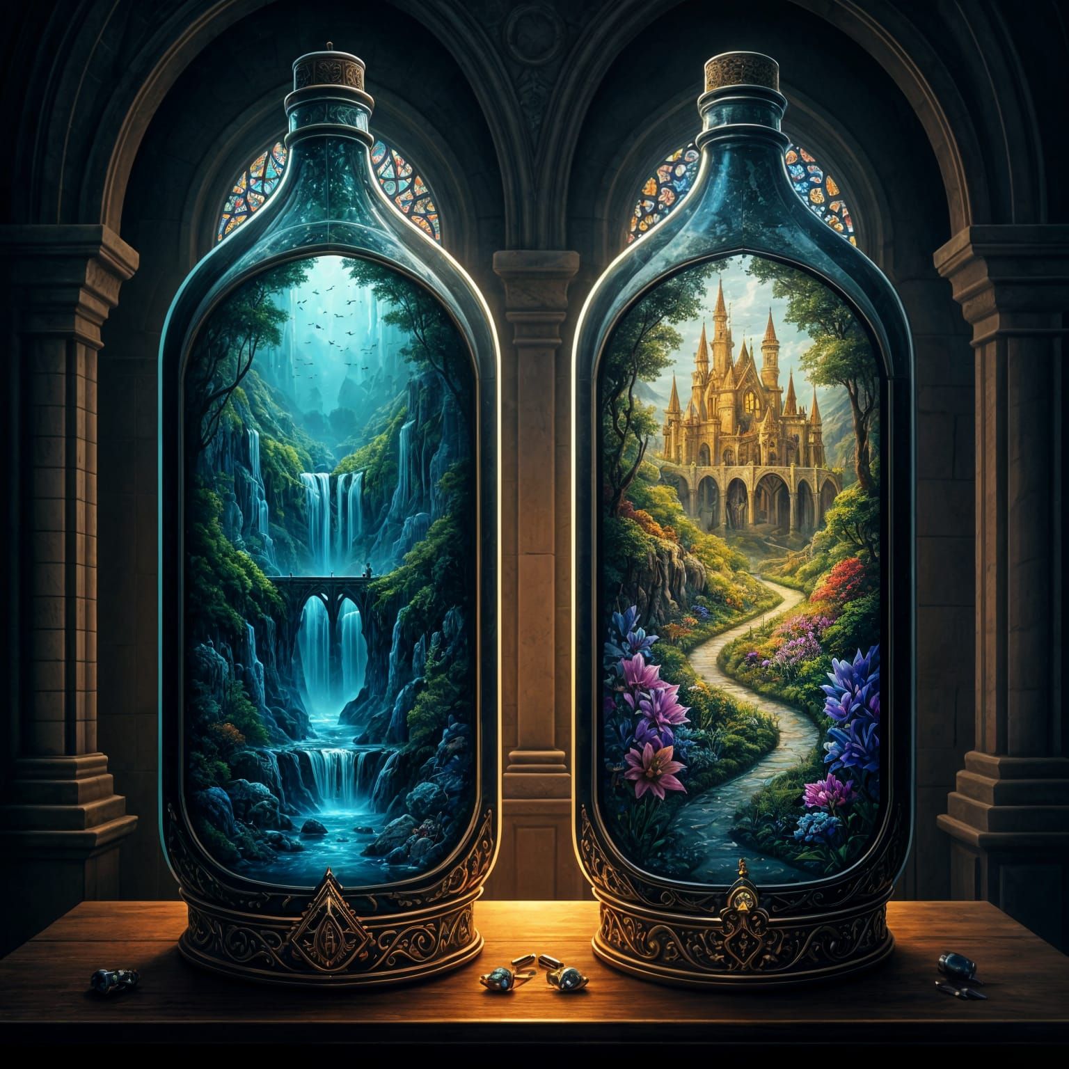 Stained Glass Bottles with Miniature Worlds