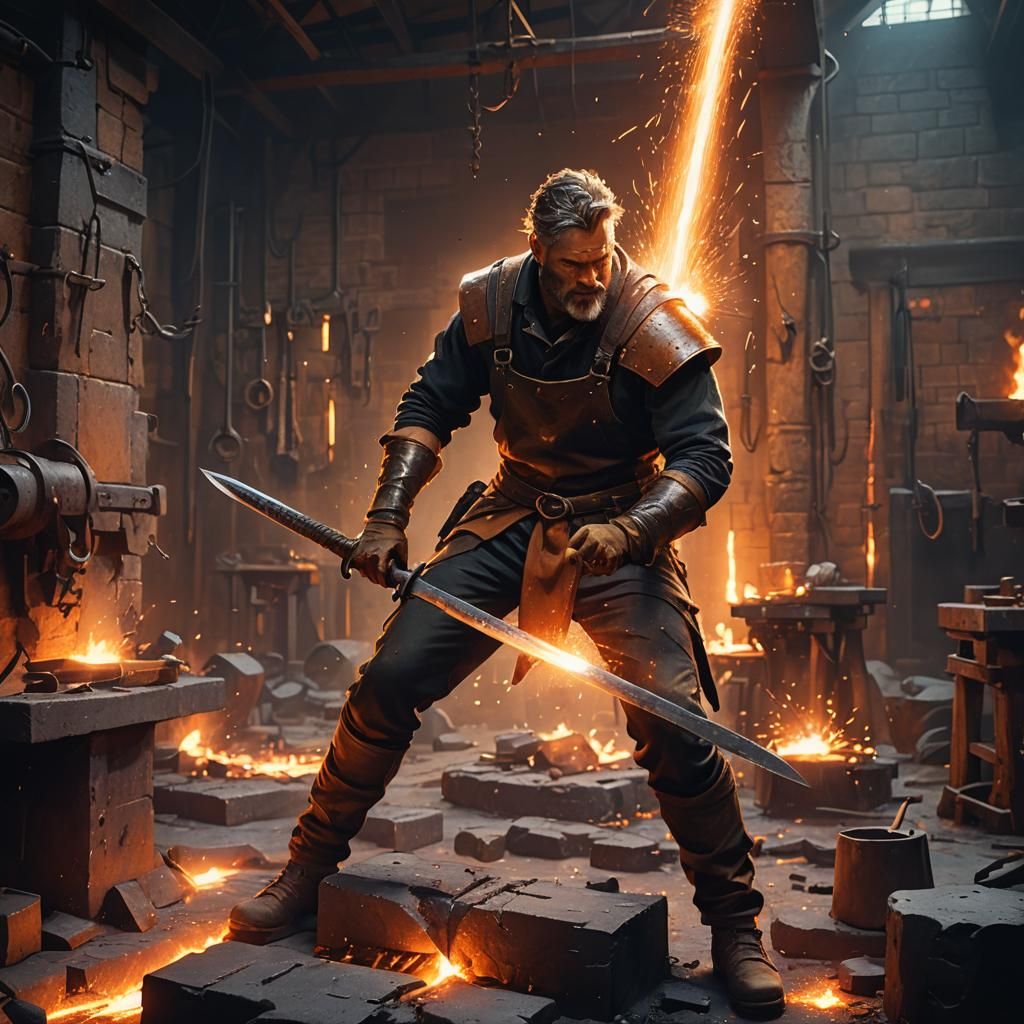 Blacksmith Forges Glowing Sword in Industrial Concept Art