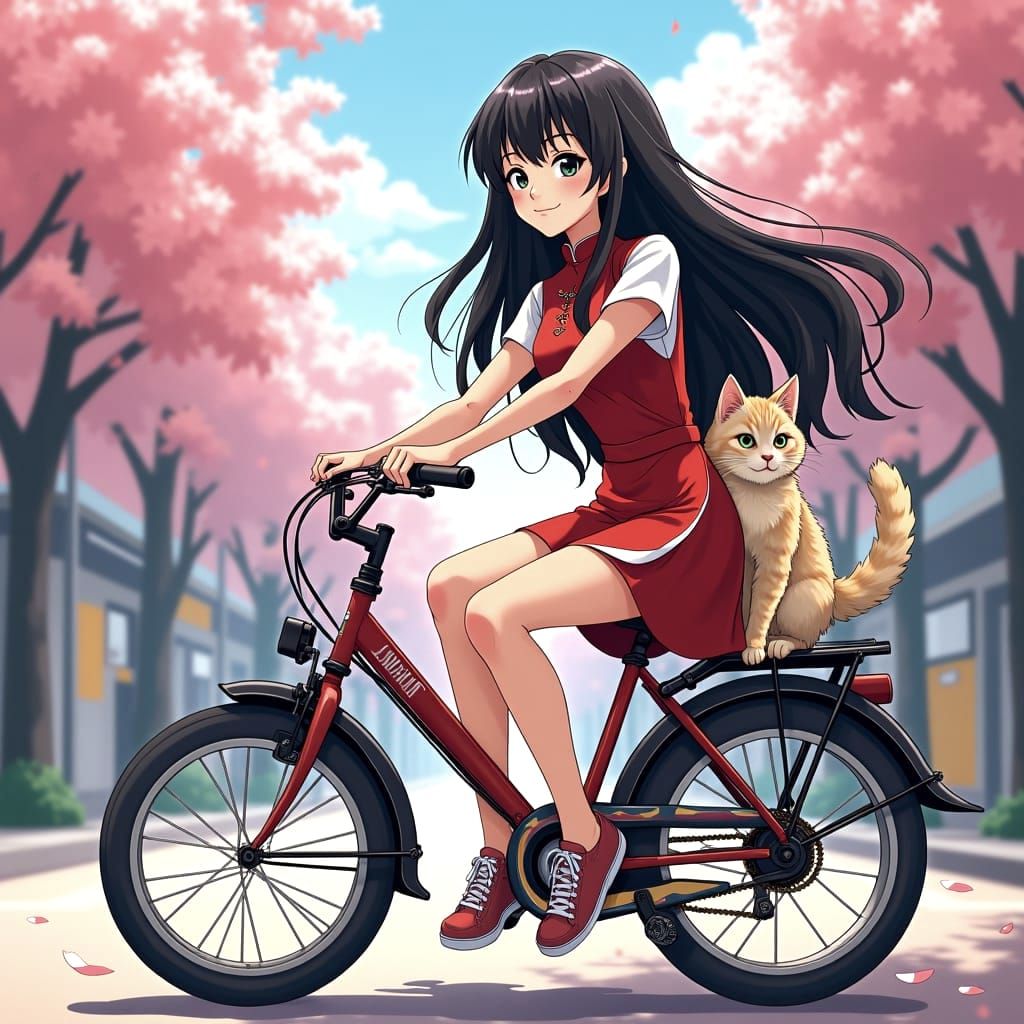 Anime Girl on Bicycle with Cat in Cel-Shaded Style