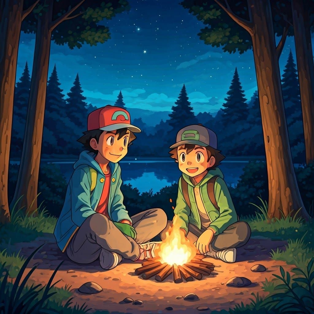 Ash Ketchum and Friend Camping: Watercolor Illustration