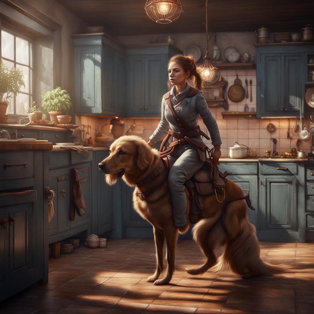 Girl Riding Dog in Kitchen: Fantasy Concept Art