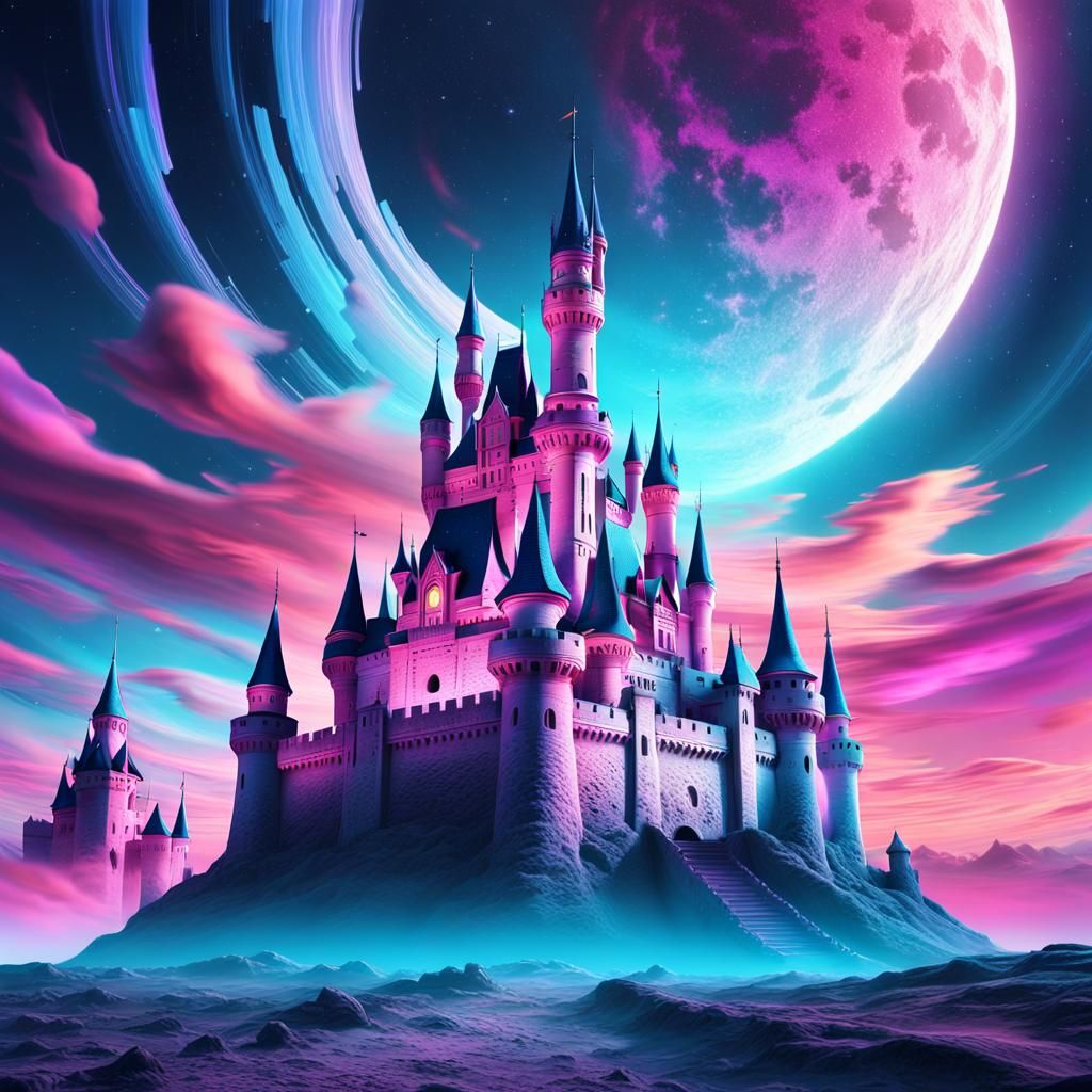 Majestic Castle on the Moon in Psychedelic Colors